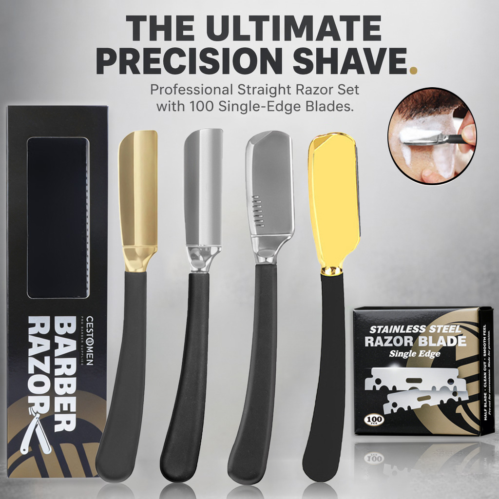 Men'S Grooming Trimmer - プロの男性用髭剃りホルダー、理髪師用シェービングナイフ、手動脱毛シェービングツール（刃100枚付き）