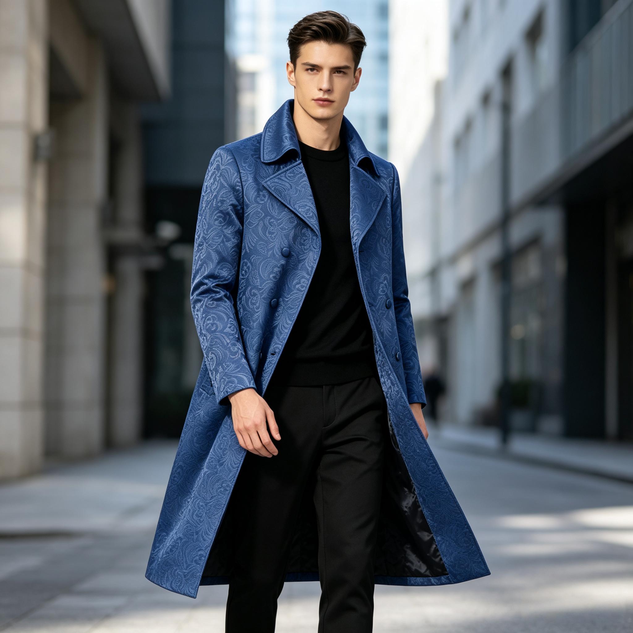 Men'S Grooming Club - 男性高級ジャカードロングトレンチコートラペルフォーマルオーバーコートアウターウェア結婚式プロム宴会クラブイブニングビジネスステージパーティー用